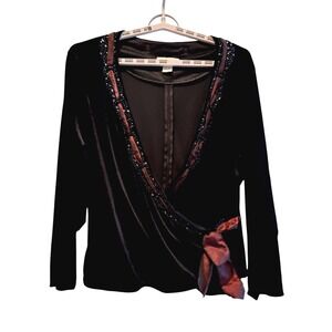 Jackie Jon Woman Black Velvet Beaded Wrap Top Plus Size 2X Evening Glam